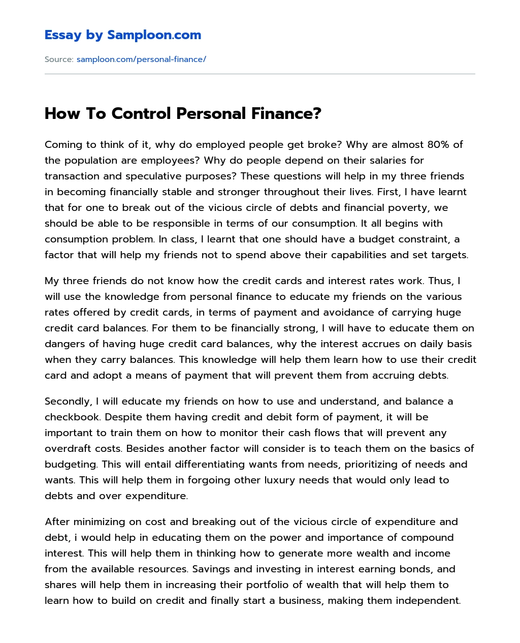 How To Control Personal Finance? essay