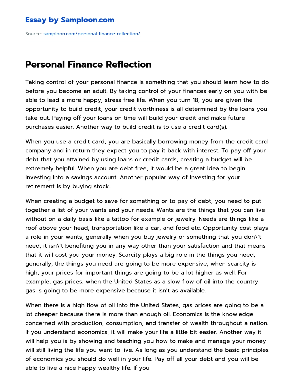 Personal Finance Reflection essay