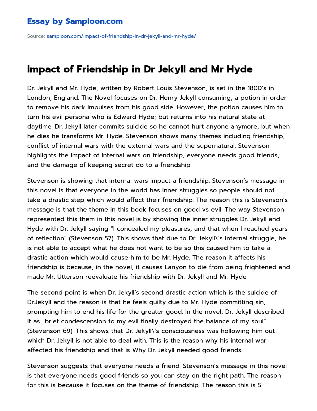 Impact of Friendship in Dr Jekyll and Mr Hyde Analytical Essay essay