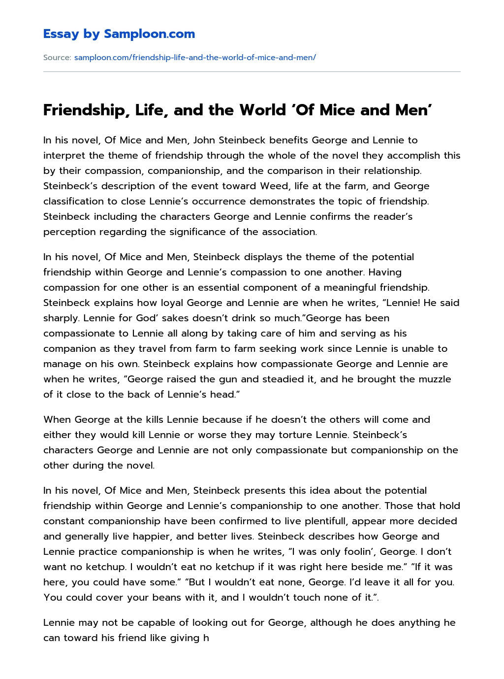 Friendship, Life, and the World ‘Of Mice and Men’ essay