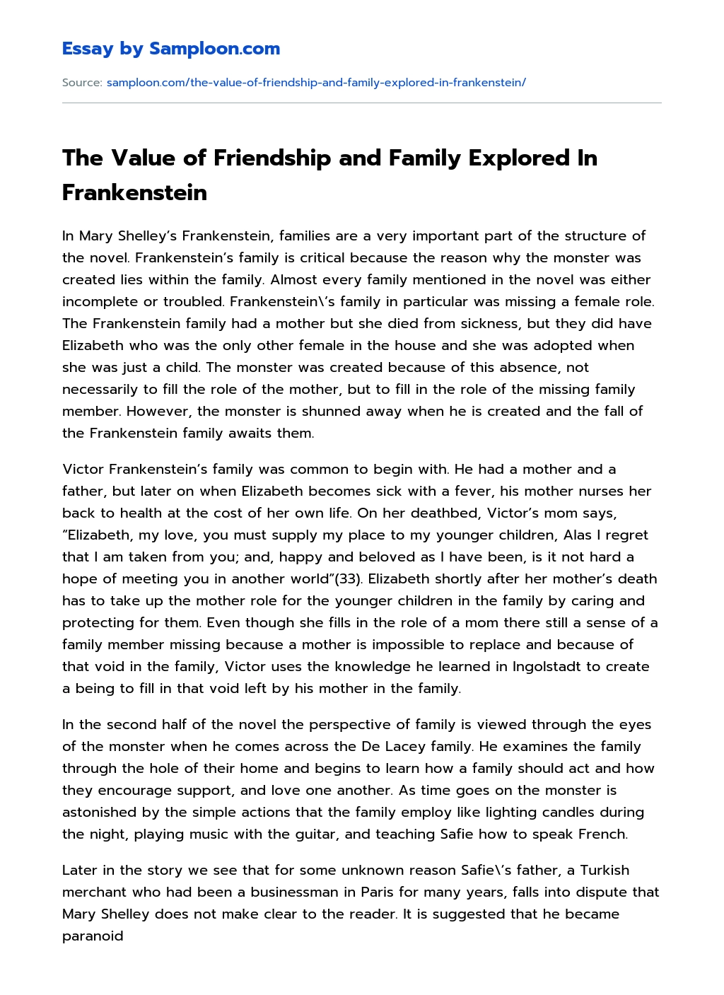 The Value of Friendship and Family Explored In Frankenstein essay