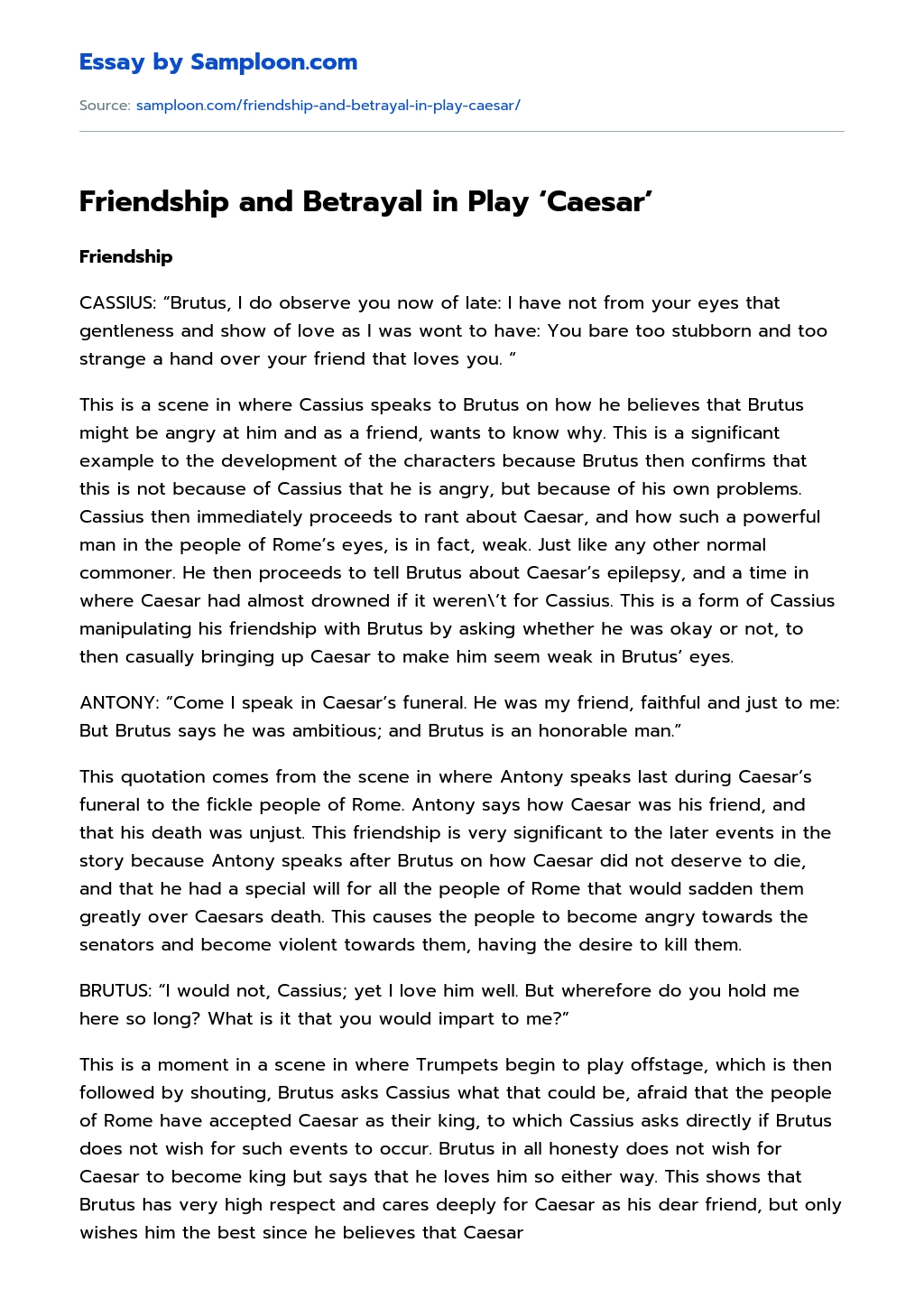 Friendship and Betrayal in Play ‘Caesar’ Summary essay
