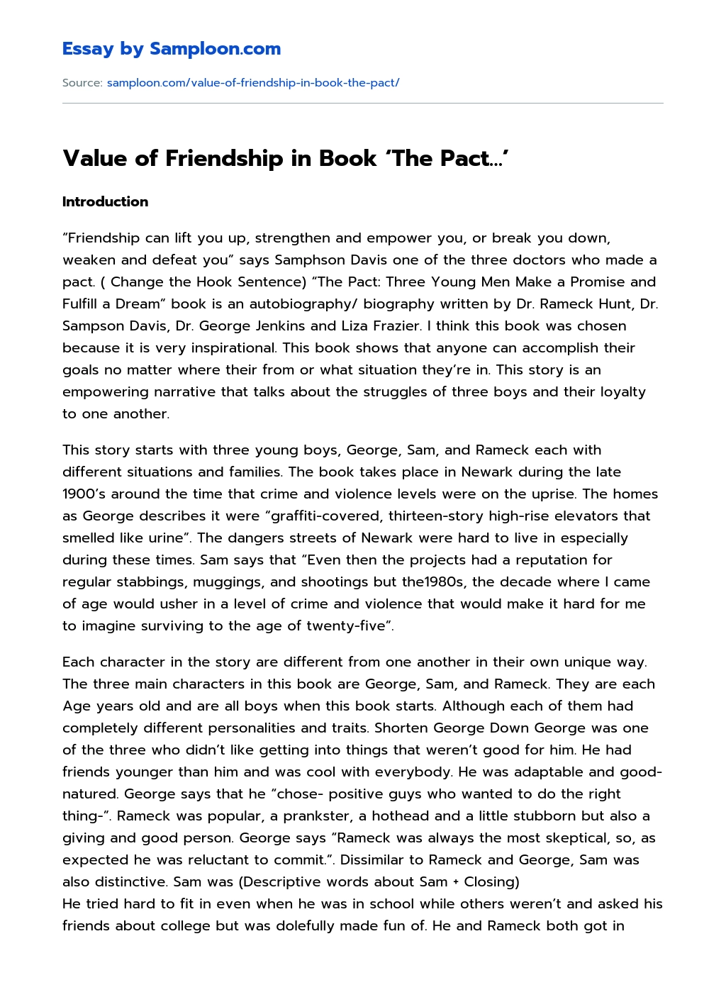 Value of Friendship in Book ‘The Pact…’ Summary essay