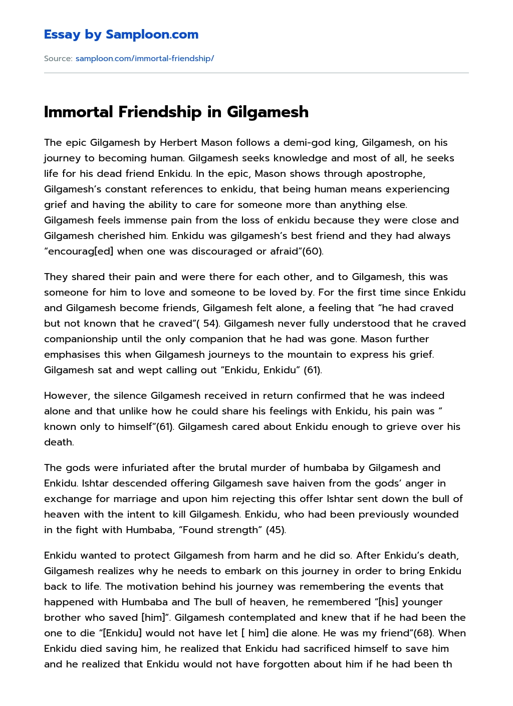 Immortal Friendship in Gilgamesh Analytical Essay essay