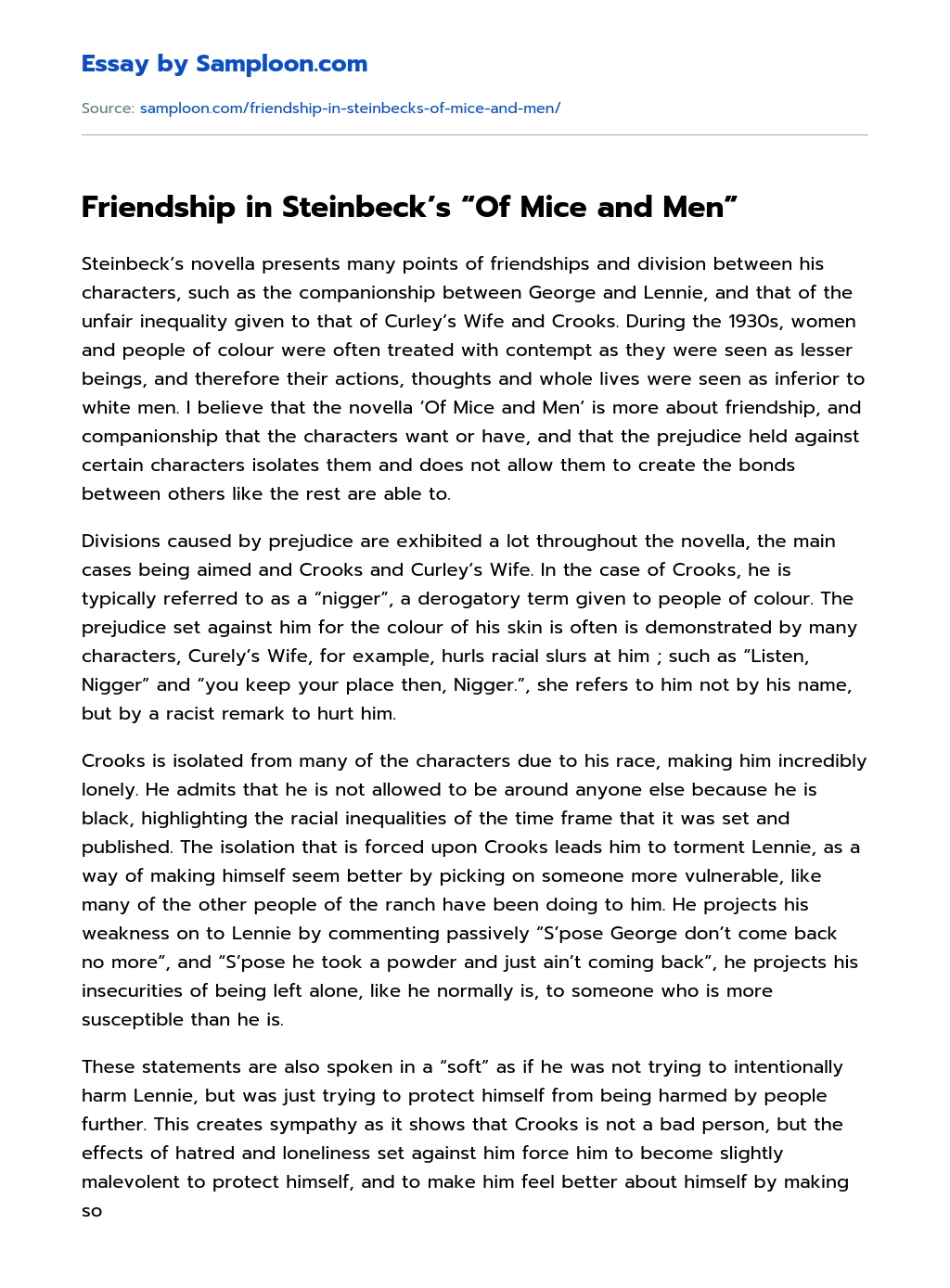 Friendship in Steinbeck’s “Of Mice and Men” essay